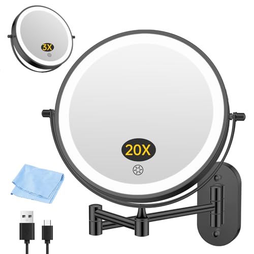 FUNTOUCH 20X/3X Rechargeable Wall Mounted Makeup Vanity Mirror with Lights, Double Sided Magnifying Wall Mount Mirror,3 Color Lighting, Touch Screen Dimming,Extension Arm 360 Rotation Wall Mirrors - color: Metal Black
