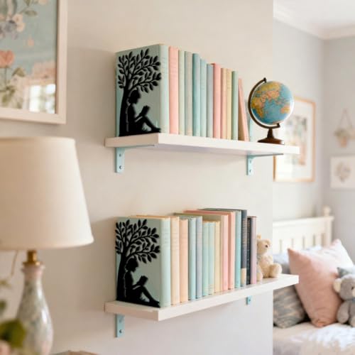 Peacoblue Metal Bookends for Shelves, Modern Decorative Heavy Duty Study Book Ends Stoppers for Office Desk Shelf Room 5.3x4.3x7.9 Cast Iron Simple Tall Bookends 1 Pair (Girl Reading Under a Tree) - style: Girl Reading under a Tree