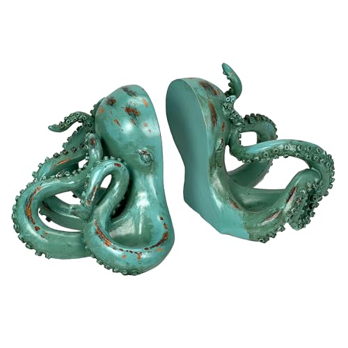 Aqua Green Octopus Bookends Set of 2 – Coastal Nautical Polyresin Wall Decor for Bookshelves, Office, Bedroom, Living Room, Beach House, Animal Ocean Themed, Felt Pad Feet, Unique Gift for Book Lovers - color: Octopus - Aqua Green