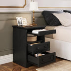 LIKIMIO Night Stand, Modern Bedside Table with 2 Drawers, Open Shelf, End Table with Pull-Out Tray, Wood SideTable, Black - color: Black