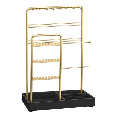 SONGMICS Jewelry Holder, Jewelry Organizer Display Stand with Metal Frame, Velvet Tray, Necklace Earring Bracelet Holder, for Studs, Rings, Gift Idea, Pale Gold and Ink Black UJJS021AB02 - color: Pale Gold + Ink Black