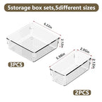 5 PCS Clear Plastic Drawer Organizer Set, 2 Sizes Acrylic Drawer Storage Trays Non Slip Storage Bins for Makeup, Jewelry, Gadgets for Kitchen, Bedroom, Bathroom, Office - style: 5pcs