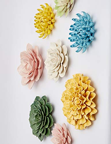 SEINHIJO Ceramic Flower Wall Decor 3D Wall Art Sculpture Modern Art Gift for Bedroom Living Room Home Office Yellow 6.7 Inch