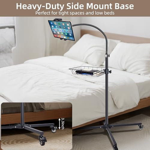 Premium Rolling Tablet Floor Stand with Heavy Duty Industrial Wheels & Storage Basket, Tall Adjustable iPad Stand Floor on Wheels, Universal Mount Holder for iPad Pro, Air, Mini, Phone