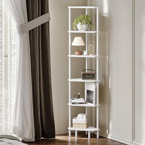 6 Tier Corner Shelf, 66.5'' Tall Standing Shelf, Narrow Display Shelf Stand, Modern Corner Bookshelf, Plant Stand, Corner Bookcase for Living Room, Bedroom, Bathroom, White LCS502W - color: White