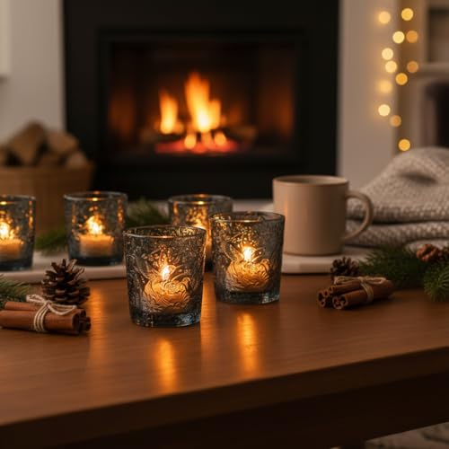 12 Pack Hummingbird Embossed Glass Candle Holders – Votive Tealight Holders with Patent Design, Decorative Embossed Glass Cups for Wedding Centerpieces, Parties, and Home Décor (Smoky Quartz) - color: Smoky Quartz