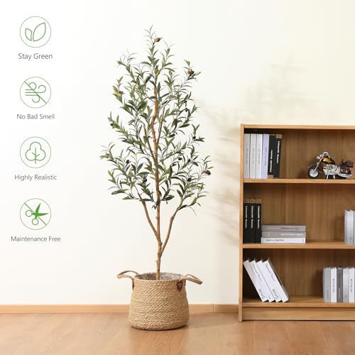 Kazeila Artificial Olive Tree 5FT Tall Faux Silk Plant for Home Office Decor Indoor Fake Potted Tree with Natural Wood Trunk and Lifelike Fruits - size: 5ft