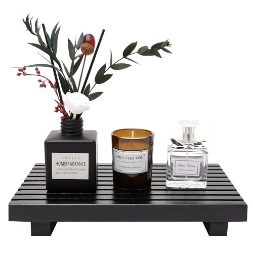 Renawe Black Bathroom Counter Organizer Wooden Display Pedesta Stand Kitchen Countertop Trays Farmhouse Wood Riser Dish Soap Dispenser Holder for Bathroom Decor Kitchen Sink Accessories Vanity Tray - color: Black, size: 10x6 inch