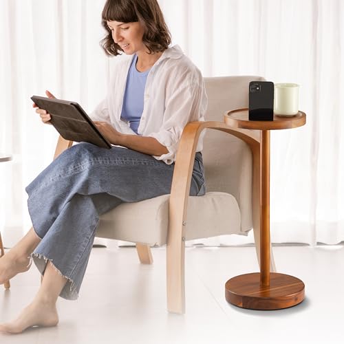 BLUEWEST Drink Table, 22" Tall Compact Side Table with Phone Slot and Weighted Base, Durable Pedestal Table Accent for Living Room, Bedroom, or Office, Cocktail and Martin (1, Acacia) - color: Acacia