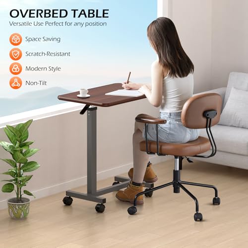 WOTURE Adjustable Overbed Table with Wheels, Pneumatic Height Adjustment, Ideal for Hospital Use or At Home as Bed Tray, Standing Desk, Bedridden & Mobility Needs, Walnut - color: Walnut