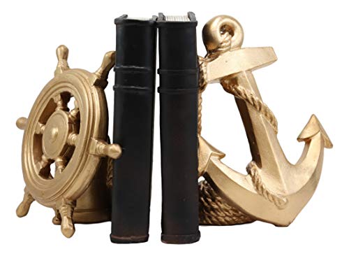 Ebros Nautical Coastal Marine Home Decor Ship Anchor and Captain's Helm Wheel Bookends Pair Set Statue 7.5" Tall in Gold Finish Decorative Office Study-Room Library Desktop Figurines