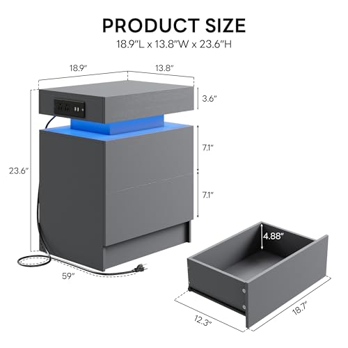 LIKIMIO Night Stand with Charging Station, Modern Grey Nightstand with LED Light and Drawers, Bedside Tables/End Table for Bedroom - color: Grey