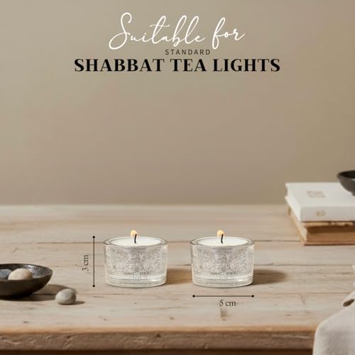 SURI Jerusalem Design Glass Shabbat Tea Light Candle Holder Set of 2 – Modern Judaica Home Décor - color: Silver (Jerusalem), size: Short