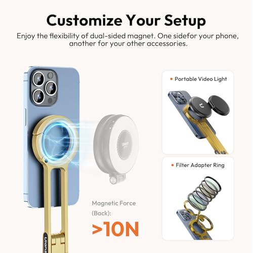 ULANZI MA30 Magnetic Phone Tripod Stand for iPhone - Aluminium Maglock Smartphone Mini Tripod Pocket Cell Phone Stand Strong Magnet Quick Mount Compatible with iPhone 17 16 15 14 13 12 Series, Gold - color: Gold
