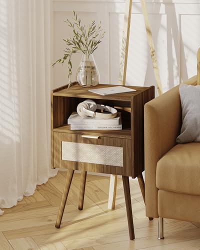 Veegle Nightstand,Modern Bedside Table with Storage Drawer and Open Wood Shelf, Accent Night Stand with Solid Wood Legs for Living Room, Bedroom and Small Spaces,Easy Assembly (Walnut Brown-Rattan) - color: Walnut Brown-rattan