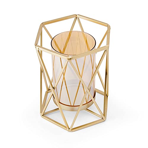 Elements 6.89x5.91x8.07 Inch Metal Gold Wire Hexagonal Candle Holder, Amber Glass Cylinder, for Use with Pillar Holder, Modern, Contemporary