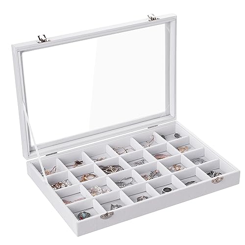 Frebeauty Velvet Jewelry Tray,24 Grid Jewelry Organizer with Clear Lid,Earring Holder Organizer with Clasp,Drawer Insert Rings Pendants Brooches,13.8 x 9.5 x 2 Inches,Gift for Women Girls(White) - color: White, size: 24 Grid