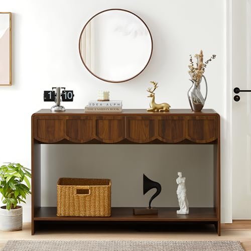ORRD Console Table with Drawers, Mid-Century 43 Inches Narrow Entryway Tables with Open Storage Shelves, Hallway Accent Tables Behind Couch Table for Living Room - Walnut - color: Walnut