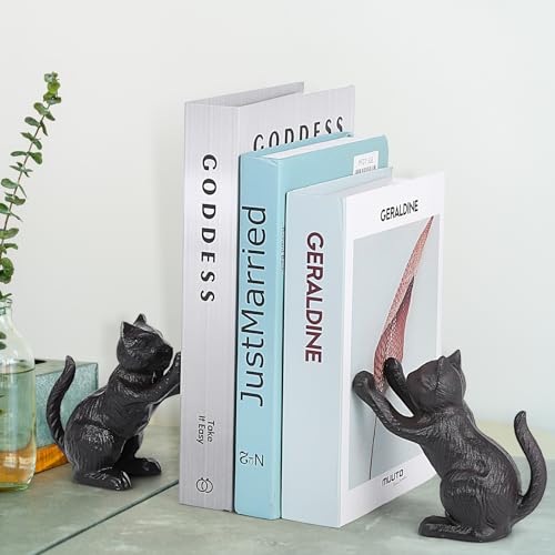 Cat Decorative Bookends, Cute Book Ends to Hold Books, Bookends for Shelves, Unique Cast Iron Book Stopper for Heavy Books, Cat Office Decor, 1 Pair/2 PCS