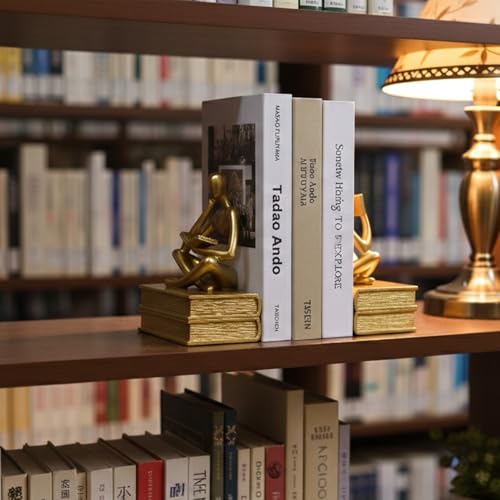 Abstract Resin Reader Bookends Set of 2,Modern Decorative Book Ends for Shelves,Unique Book Shelf Accents & Coffee Table Decor,Reading Bookend Statue for Home Office Library (Gold, Thinker Bookends) - color: Gold
