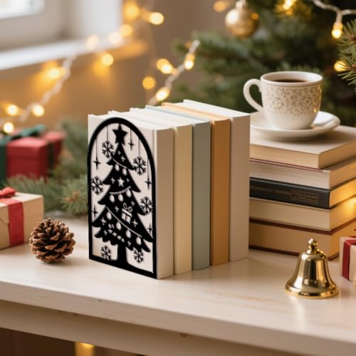 Peacoblue Metal Bookends for Shelves, Modern Decorative Heavy Duty Study Book Ends Stoppers for Office, Desk, Shelf, Room 5.3"x4.3"x7.9" Cast Iron Simple Tall Bookends 1 Pair (Christmas Tree) - style: Christmas Tree