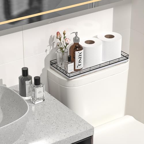 Bathroom Toilet Tank Tray, 13" Wood Toilet Paper Storage Basket Tray Back of Toilet Basket Organizer,Vanity Tray for Perfume Makeup Candle Decor, Black & Farmhouse White - color: Black & Farmhouse White, size: 13" x 6.5" x 1.5"