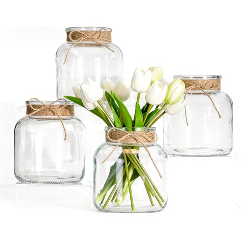 Houmury Glass Vases for Centerpieces Set of 4 Farmhouse 6 Inch Clear Large Vase Utensils Holder with Twine Ties Home Decor for Wedding Living Room Dining Table Office (4)