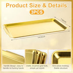 3 Pack Gold Stainless Steel Serving Platter, 14.2” Large Rectangle Metal Camping Plate Tray with Handles, Vanity Organizer Trays for Dining, BBQ, Buffet, Party, Appetizer Serving
