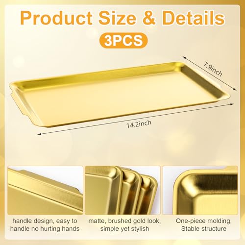 3 Pack Gold Stainless Steel Serving Platter, 14.2” Large Rectangle Metal Camping Plate Tray with Handles, Vanity Organizer Trays for Dining, BBQ, Buffet, Party, Appetizer Serving