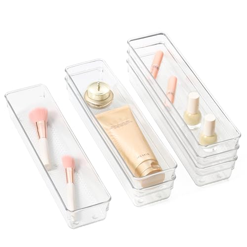 6 Set Clear Plastic Junk Drawer Organizer Vanity Curlery Utensil Makeups Organizer for Kitchen 12'' X 3'' - size: 6 Pack 12"x3" Clear Plastic
