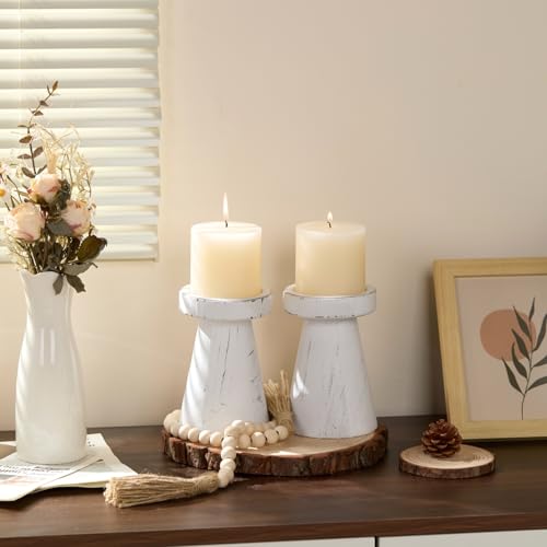 Wood Candle Holders for Pillar Candles, Set of 2 Vintage Rustic Tall Modern Farmhouse Decor, Decorative Wooden Candlestick Stand for Fireplace Mantel, Table Centerpiece - Distressed White - color: Distressed White