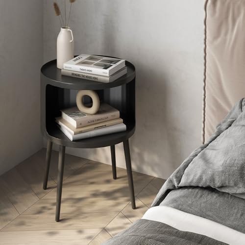 Modern Side Table,Round end Table with Open Storage,Metal nightstand,Bedside Table for Living Room,Bedroom - color: Black-round