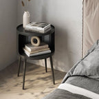 Modern Side Table,Round end Table with Open Storage,Metal nightstand,Bedside Table for Living Room,Bedroom - color: Black-round