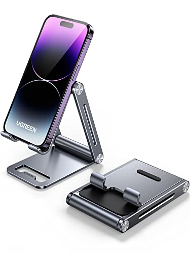 UGREEN Phone Stand for Desk Cell Phone Holder Adjustable Compatible with iPhone 17 Air/16/15/14/13 Pro Max/12 Mini/11/XS Max/XR/X/Nintendo Switch, Aluminum Metal Desktop Stand Portable, Space Grey