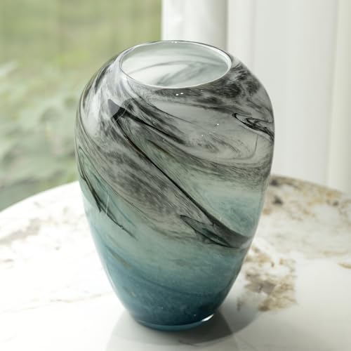 11" H Teal Glass Vases for Flowers, Unique Hand Blown Glass Vase Blue Home Decor, Wide Mouth Colorful Flower Vase Centerpieces, for Living Room Table Bookshelf, Bathroom Office Shelf Decorative