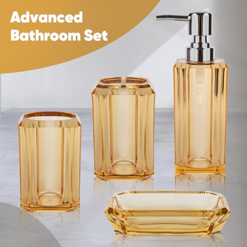 4-Piece Elegant Champagne Gold Bathroom Accessories Set — Soap Dispenser, Soap Dish, Mouthwash Cup & Toothbrush Holder, Glossy Acrylic with Champagne Accent, Vanity Countertop Organizer - color: Champagne Gold