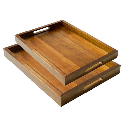 2 Sizes Acacia Wood Serving Tray with Handles, 17x13 & 16x12 inch Rectangular Ottoman Trays, Decorative Wooden Tray for Food, Drinks, Coffee Table, Living Room, Kitchen, Brown, 2 Pack