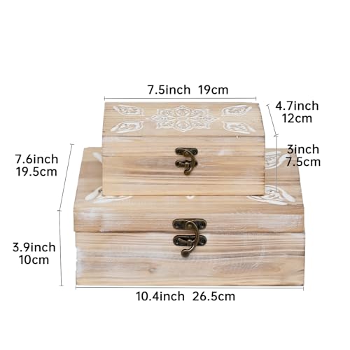 DECOR4SEASON Mandala Carved Wooden Box Set of 2, Rustic Decorative Storage Boxes with Metal Latch, Handcrafted Mandala Flower Design Keepsake Boxes for Jewelry, Photos, Home Decor, Coffee Table - color: Distressed Off-White, size: S&M
