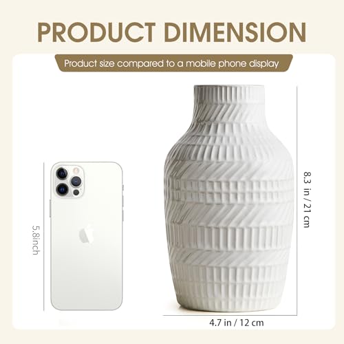 Boho White Ceramic Vase, 8.7" Textured Flower Vase for Home Decor, Minimalist Table Centerpiece for Living Room, Office, Bedroom (White Vase) - color: White Vase