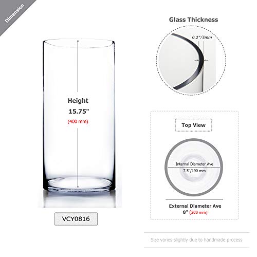WGV Cylinder Vase, Width 8", Height 16", Clear Wide Large Diameter Flower Glassware, Floral Container, Planter Terrarium for Wedding Party Event, Home Accent Decor, 1 Piece - size: 8"x16"H