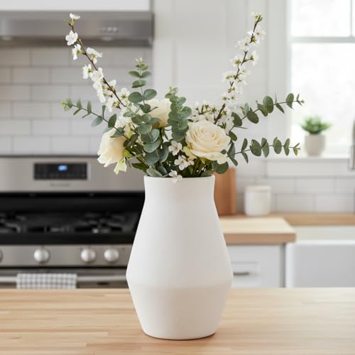 1pcs. White Vase for Home Decor Table, Living Room, Entryway Ceramic Geometric Wide-Mouth for Flowers Textured Matte Unglazed Pottery - White Height 11 in/Width 7.48 in/Opening 4.92 in - color: White, size: 11 inch