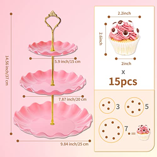 3 Tier Cupcake Stand Holder, BACUTHY Plastic Cup Cake Stand Tower with Tiered Serving Tray for Cupcakes, Donuts, Fruits and More, Pink - color: Pink