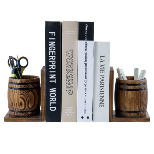 MyGift Wood Decorative Bookends with Pencil Holder, Office Desk Books Ends and Pen Holders as Vintage Wooden Barrels, Heavy Duty Bookends for Shelves, Rustic Burnt Brown Wine Barrel Design,1 Pair