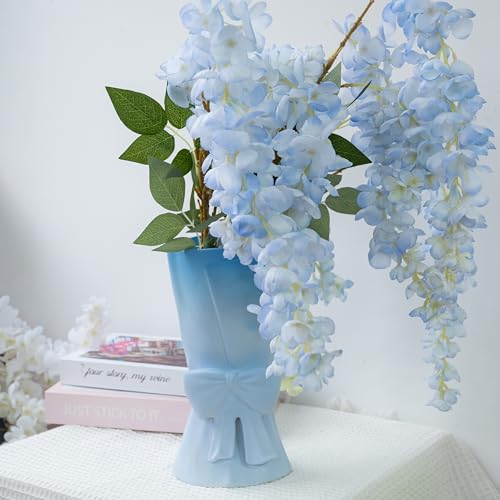 Relexome Gradient Blue White Ceramic Bow Vase 9.64 in Unique Cute Modern Decorative Bouquet Flower Vases for Home Living Room Table Decor Women Girl Gifts - color: Matte Blue White