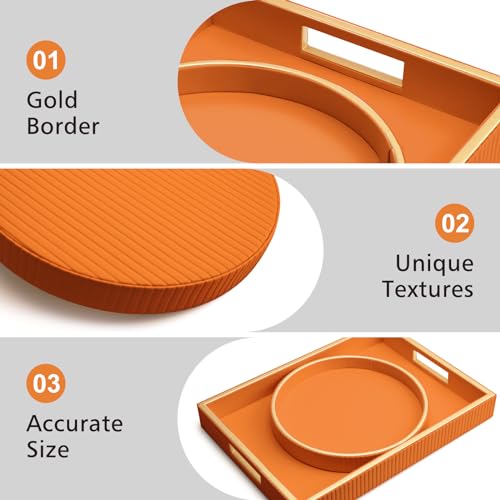 SANZIE Leather Tray Desktop Storage Organizer Premium Serving Tray Decorative Trays Valet Trays for Sundries Cosmetics Phone Wallet Cutlery (Orange Holder with Disc)
