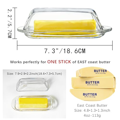 7 Inches Glass Butter Dish with Lid for Countertop - Crystal Glass Butter Keeper Elegant Clear Butter Holder Tray for 1 Stick East Coast,Dishwasher Safe - size: 7.3*2.9*2.2inch