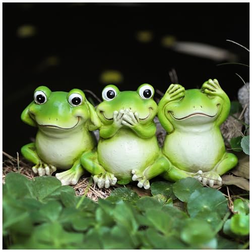 3 Frog Figurines - 7.9 Inch Funny Resin Frogs, Hear No Evil See No Evil Speak No Evil Statue, Whimsical Indoor/Outdoor Decor for Garden, Desk & Yard