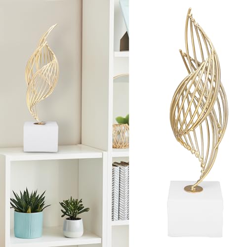 Modern Metal Sculpture, Abstract Art Statue Luxury Gold Iron Table Decor Centerpiece for Living Room Office Home Decoration 28x7x7cm (White Base) - size: White Base, style: White Base