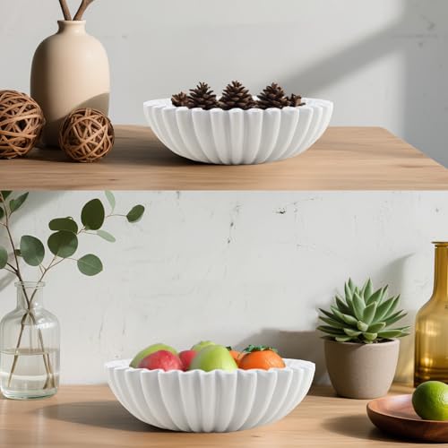 Large Modern Decorative Ruffle Bowl for Home Decor Fruit Bowl Organic Catch All Key Kitchen Entryway Shelf Coffee Table,White - color: White