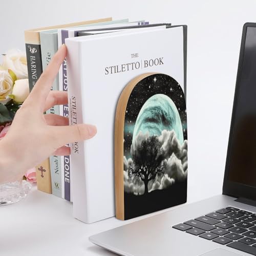 Starry Night Black Tree Art Bookends Heavy Duty,Book Organizer for Shelves, Holder Stand Decorative, Stoppers for Books, CD, File, Video Gamesbook Stand，6.7 X 4.7 X 3.9 Inch(Large)